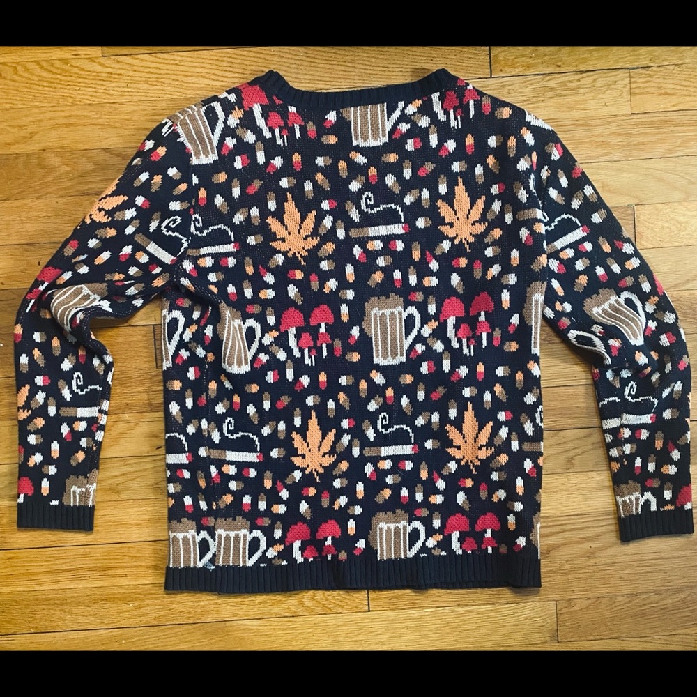 Thanksgiving Fall Sweater Pot Leaf Beer Cigarette Shroom Pattern Holiday Sweater